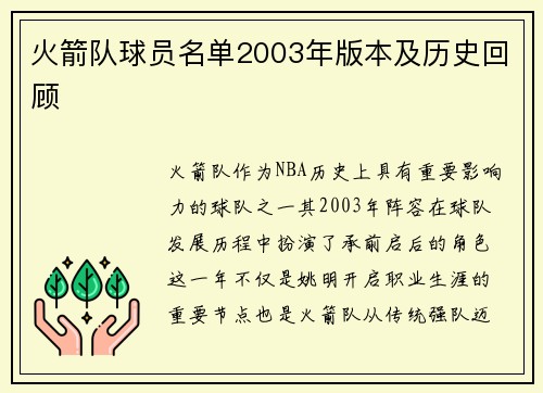 火箭队球员名单2003年版本及历史回顾